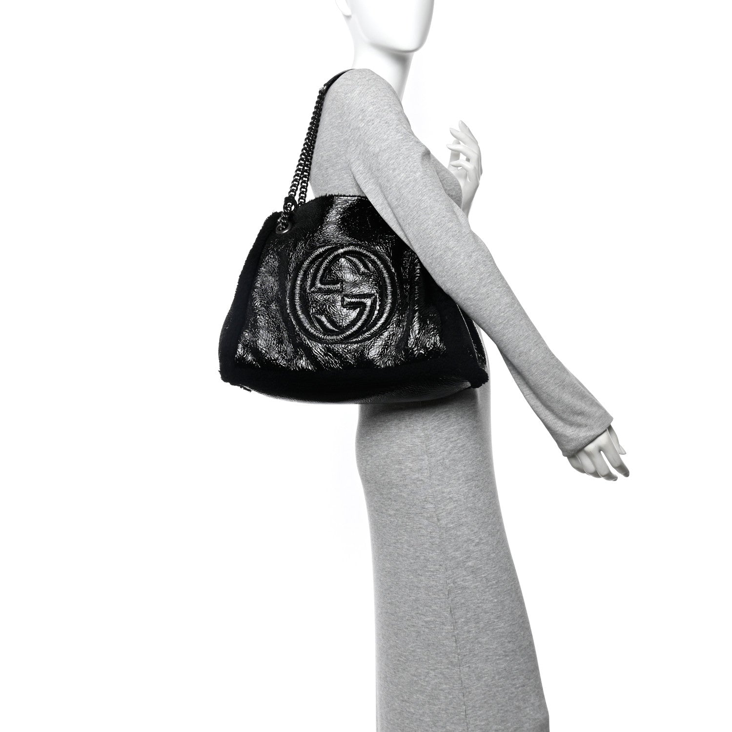 Patent Shearling Medium Soho Chain Shoulder Bag Black