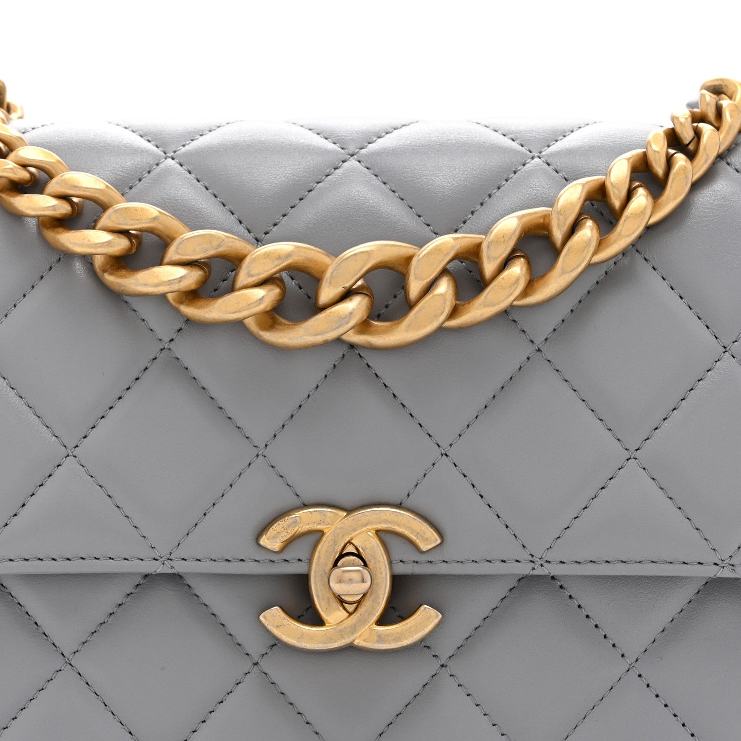 Caflskin Quilted Dual Handle Chain Flap Bag Grey
