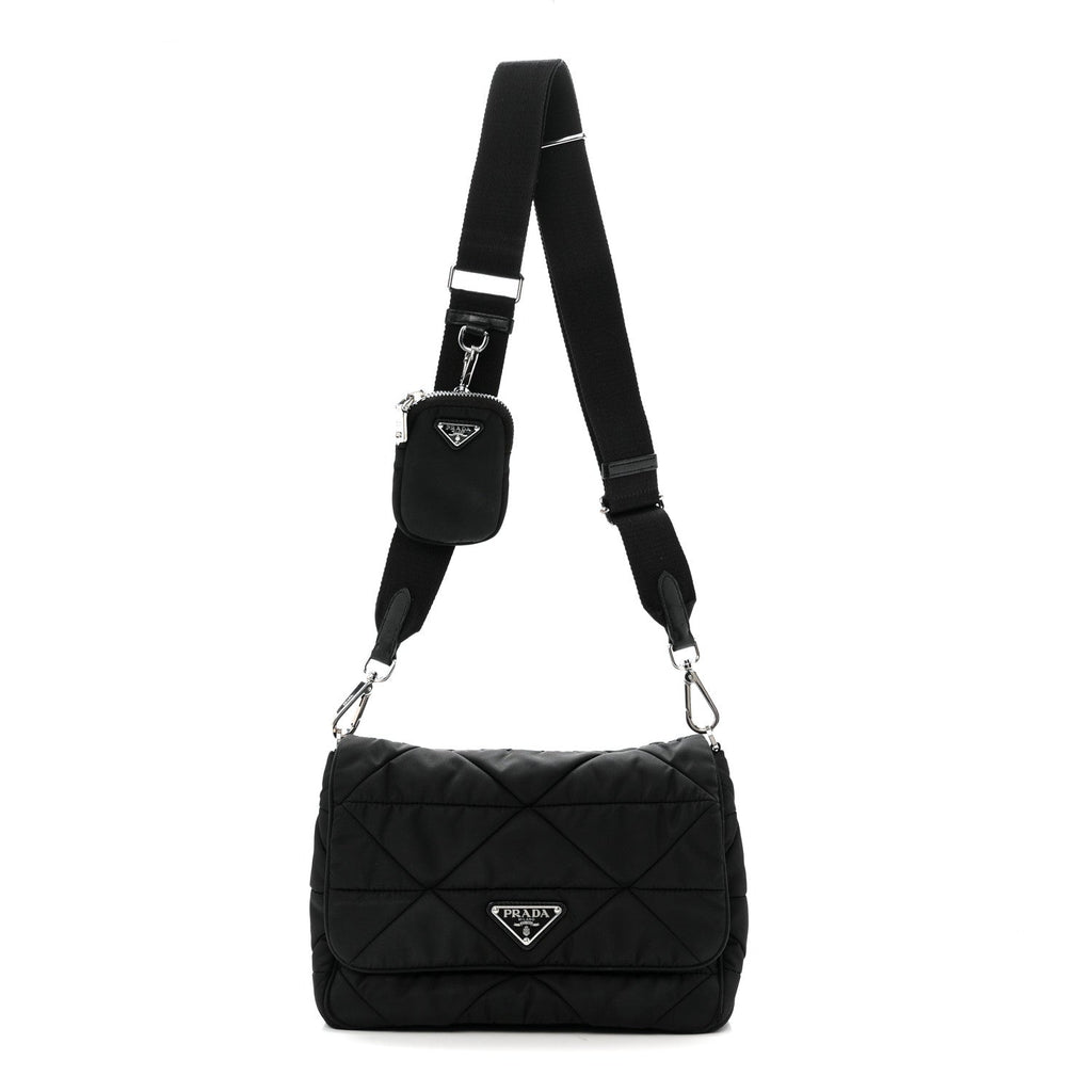 Re-Nylon Quilted Padded Flap Shoulder Bag Black