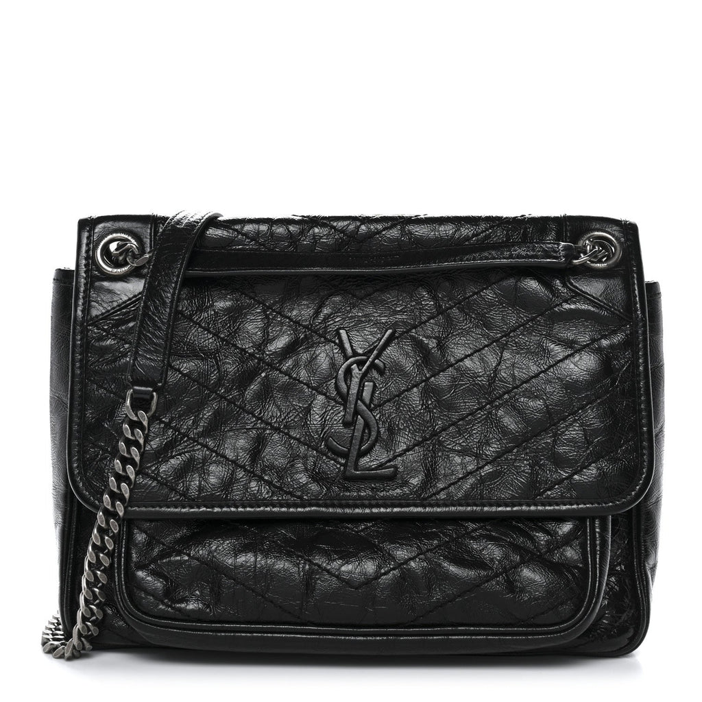 Crinkled Calfskin Matelasse Monogram Medium Niki Chain Satchel Black