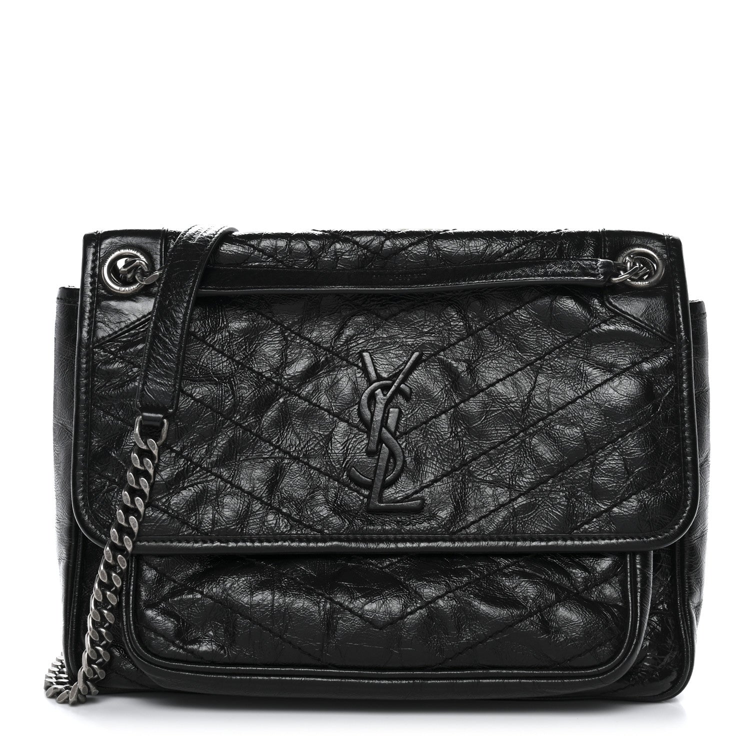 Crinkled Calfskin Matelasse Monogram Medium Niki Chain Satchel Black