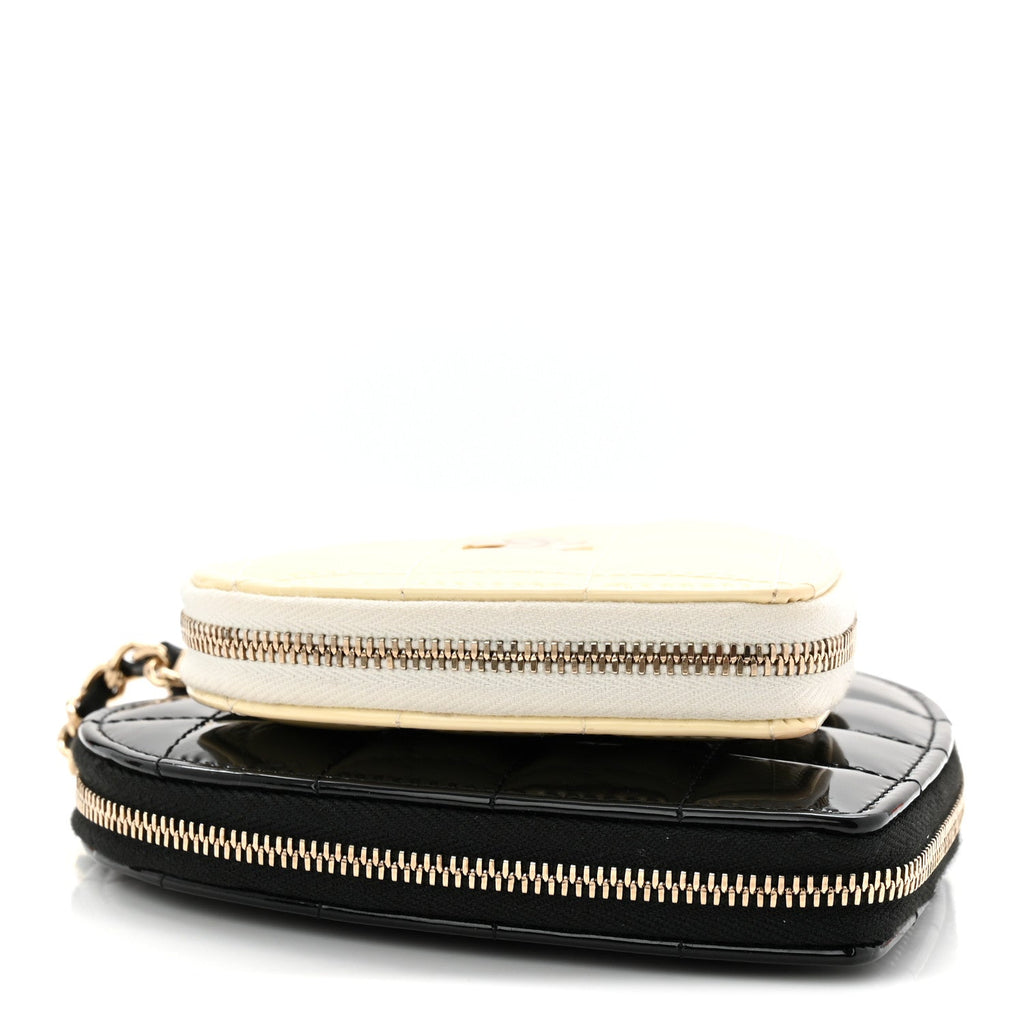 Patent Calfskin Resin Quilted CC Heart Clutch With Chain  Black