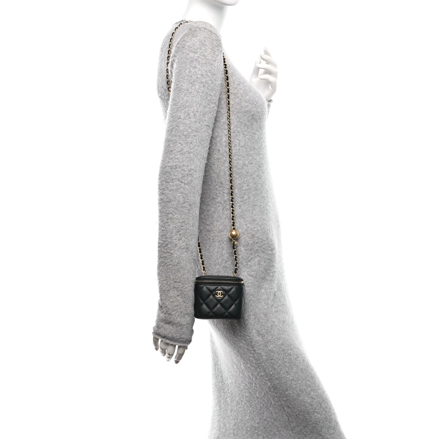 Lambskin Quilted Mini Pearl Crush Vanity Case With Chain Black