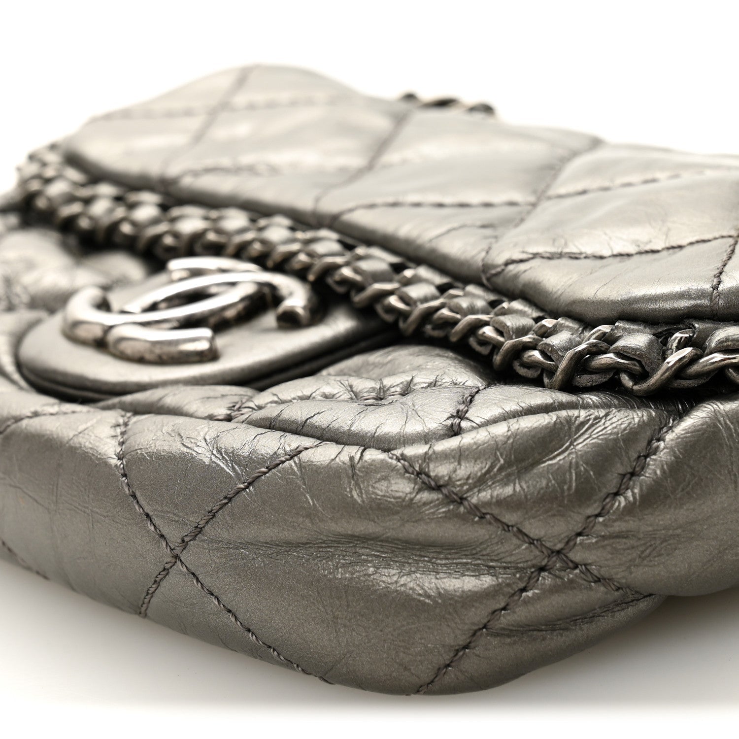 Metallic Aged Calfskin Mini Chain Me Flap Pewter