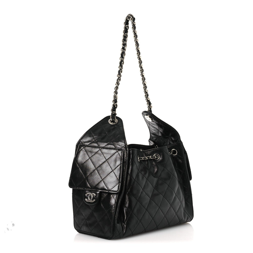 Shiny Crumpled Calfskin Quilted Small Chanel 25 Handbag Black