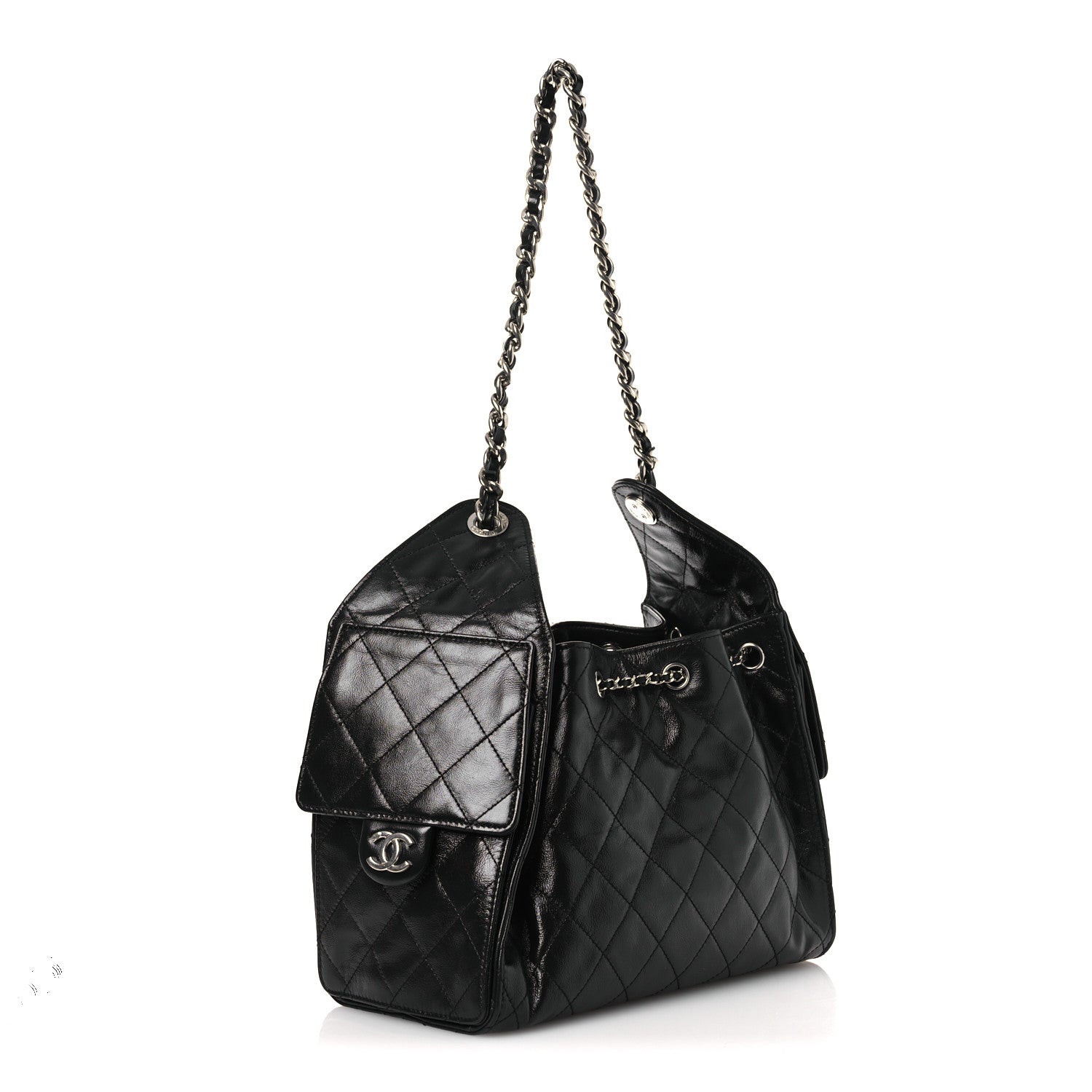 Shiny Crumpled Calfskin Quilted Small Chanel 25 Handbag Black
