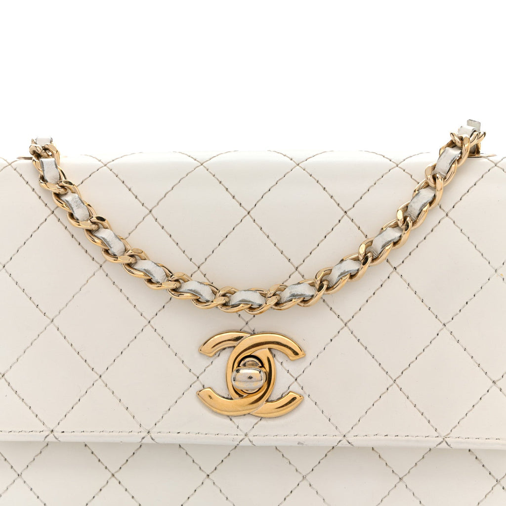 Glazed Calfskin Quilted Small Flap White
