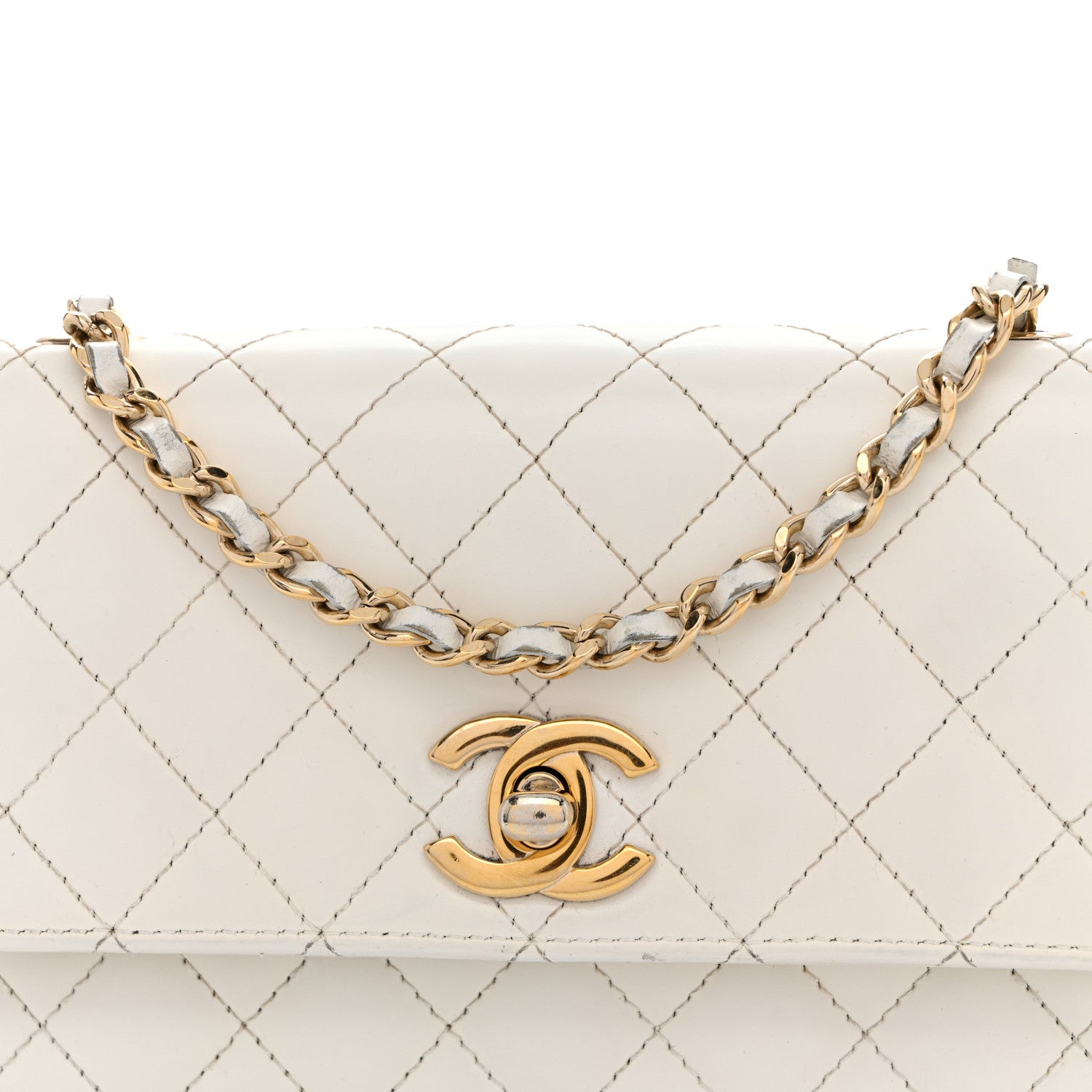 Glazed Calfskin Quilted Small Flap White