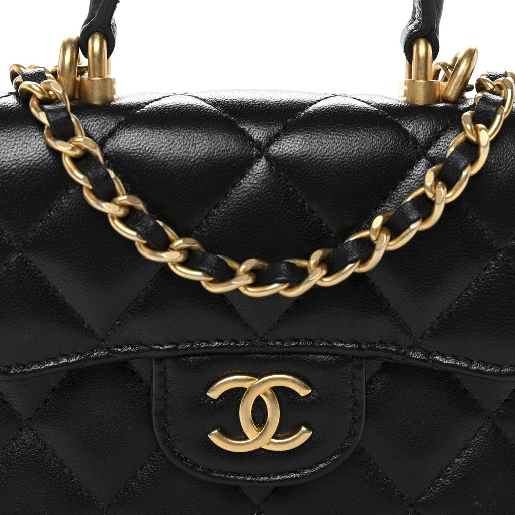 Lambskin Quilted Top Handle Flap Coin Purse With Chain Black