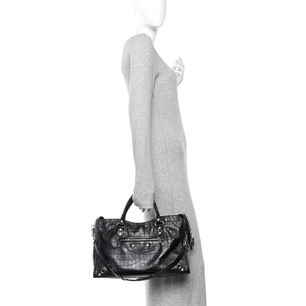 Calfskin Crocodile Embossed Giant 12 Gold Hardware City Black