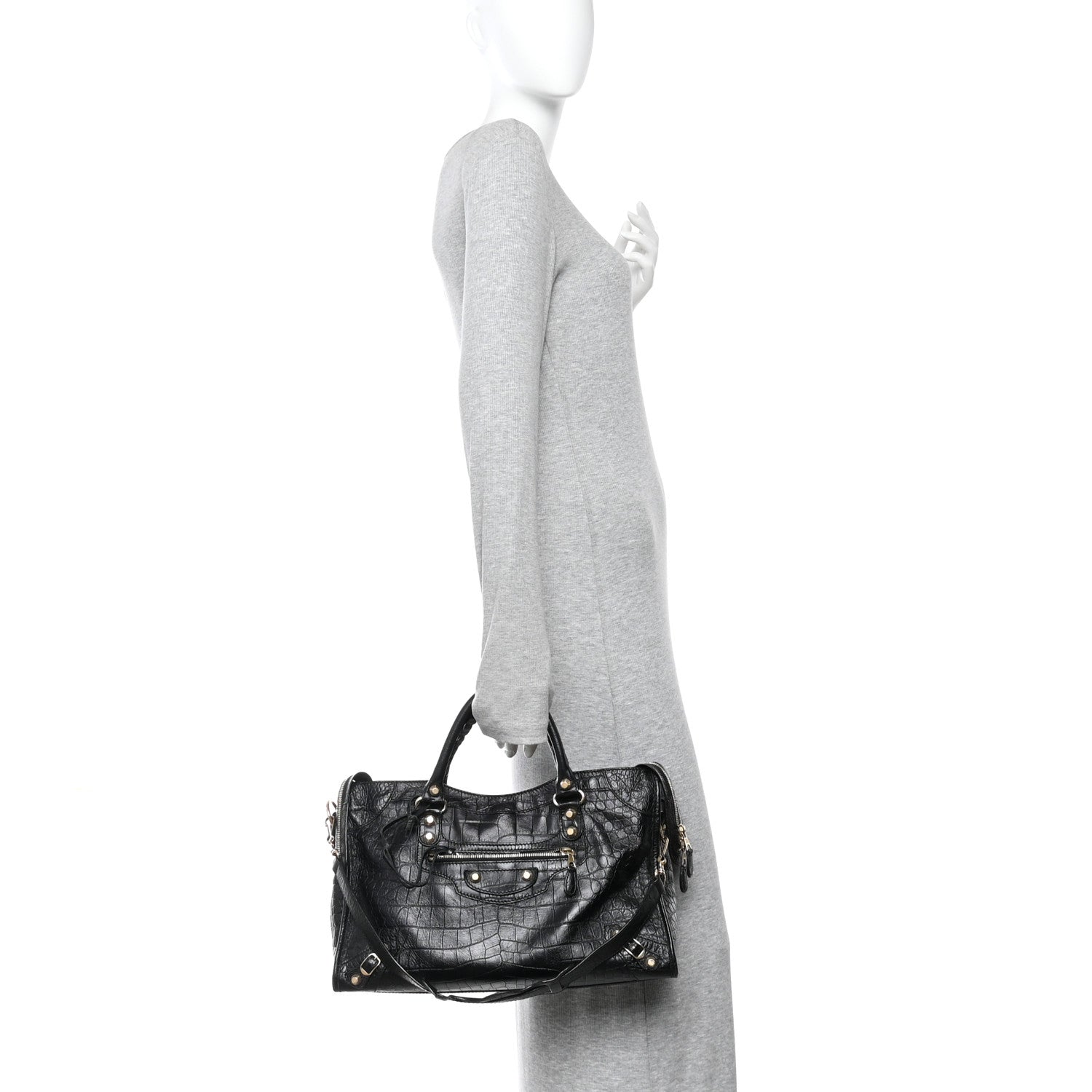 Calfskin Crocodile Embossed Giant 12 Gold Hardware City Black