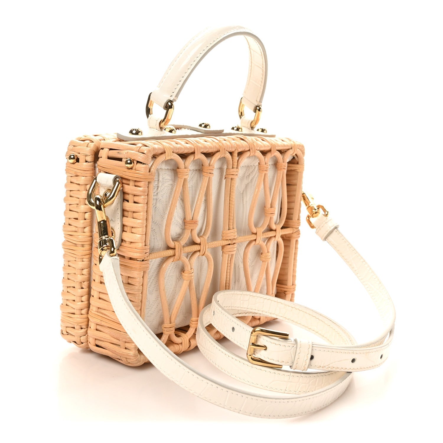 Wicker Calfskin Box Top Handle Bag White