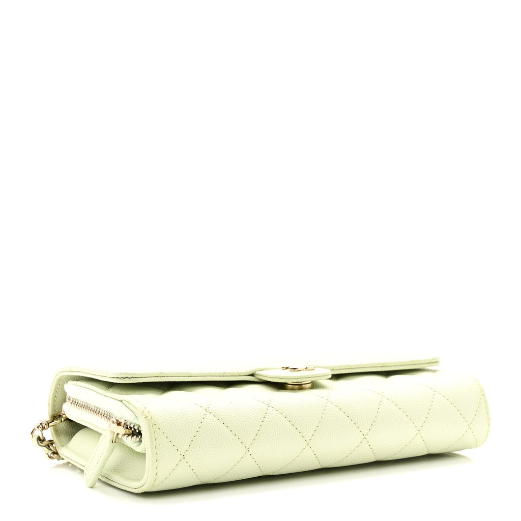 Caviar Quilted Phone Holder Wallet on Removable Chain Light Green