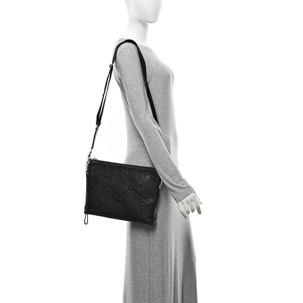 Piuma Calfskin Jumbo GG Embossed Medium Wristlet Messenger Bag Black