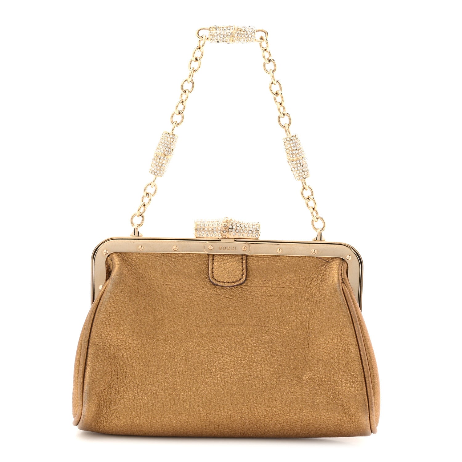 Metallic Grained Calfskin Crystal Frame Evening Bag Bronze