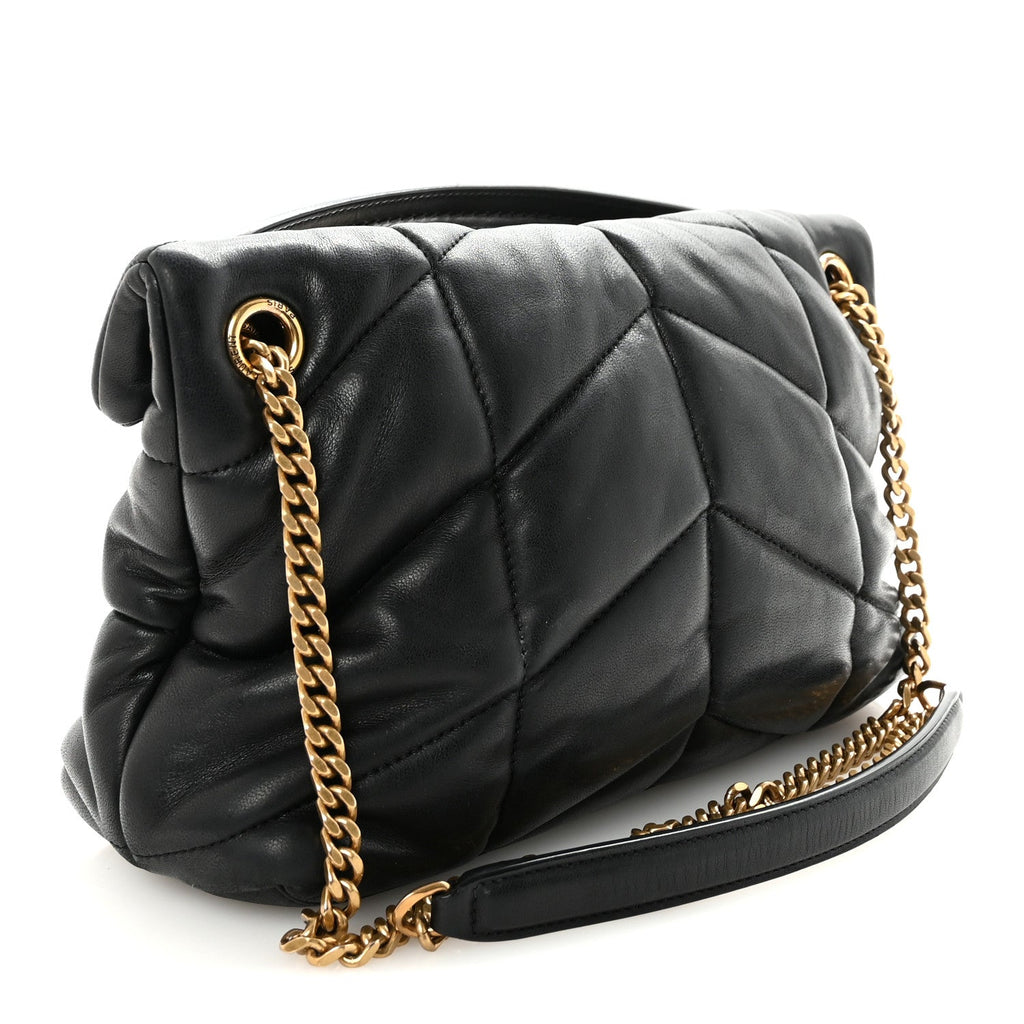 Lambskin Quilted Small Loulou Puffer Monogram Chain Satchel Black
