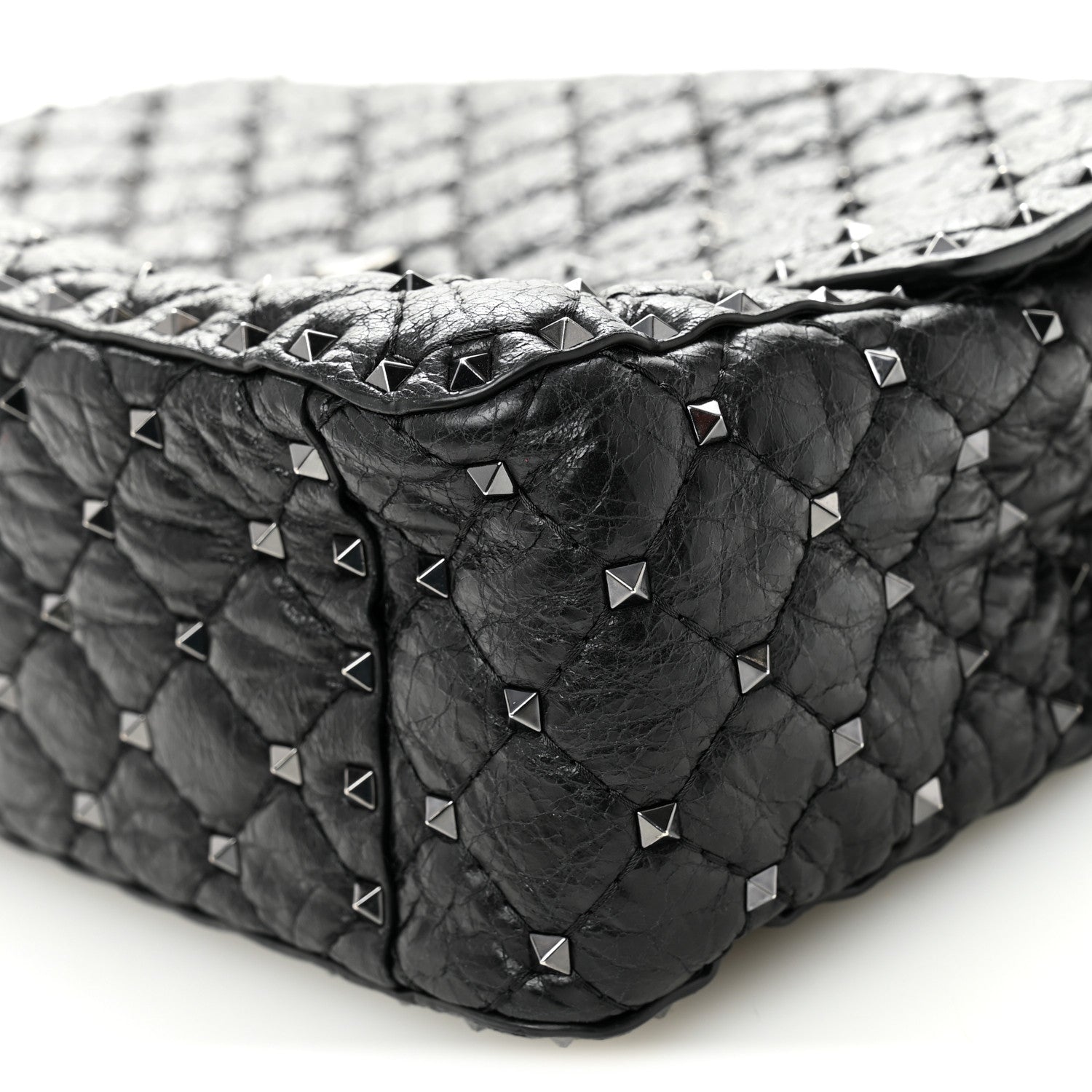 Craquele Nappa Large Rockstud Spike Shoulder Bag Black