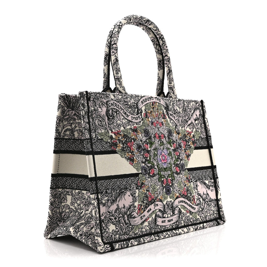 Canvas Embroidered Medium Book Tote White Multicolor