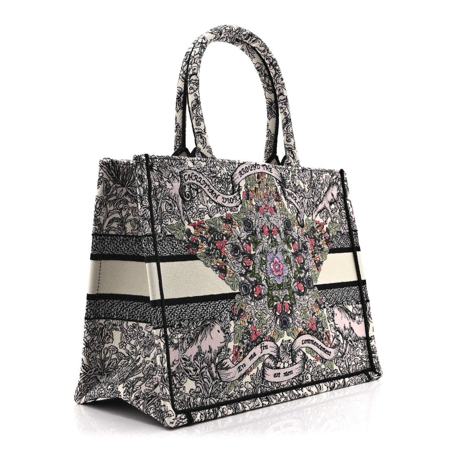 Canvas Embroidered Medium Book Tote White Multicolor