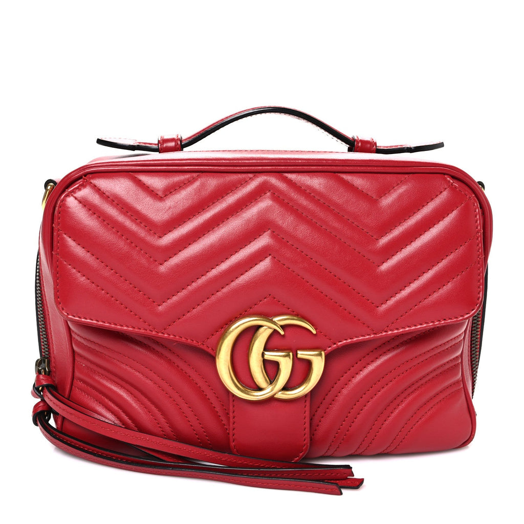 Calfskin Matelasse Sylvie Web Small GG Marmont Top Handle Shoulder Bag Hibiscus Red