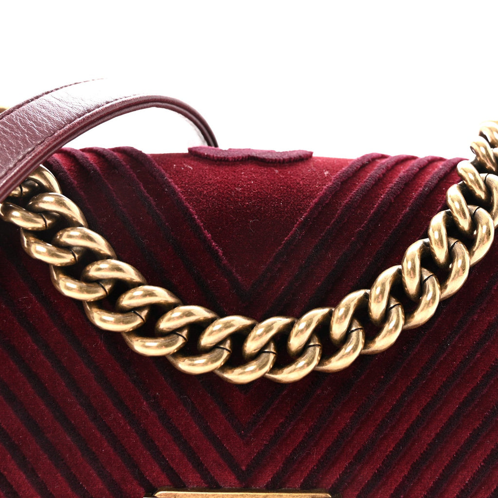Velvet Chevron Quilted Small Boy Flap Burgundy
