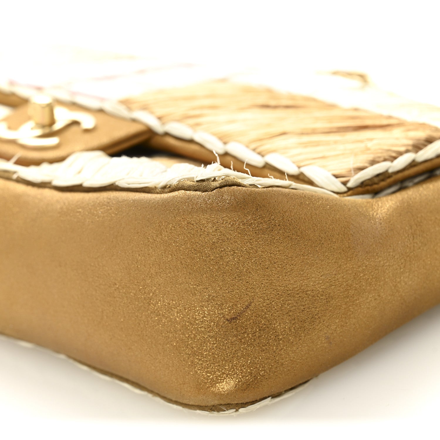 Metallic Woven Raffia Patchwork Single Flap Gold