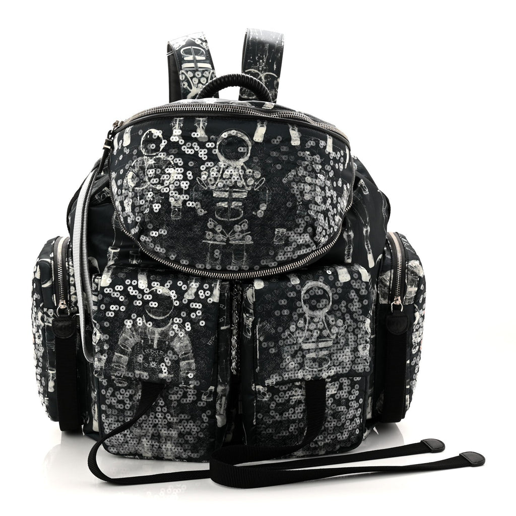Sequin Nylon Lambskin Astronaut Essentials Backpack Black White