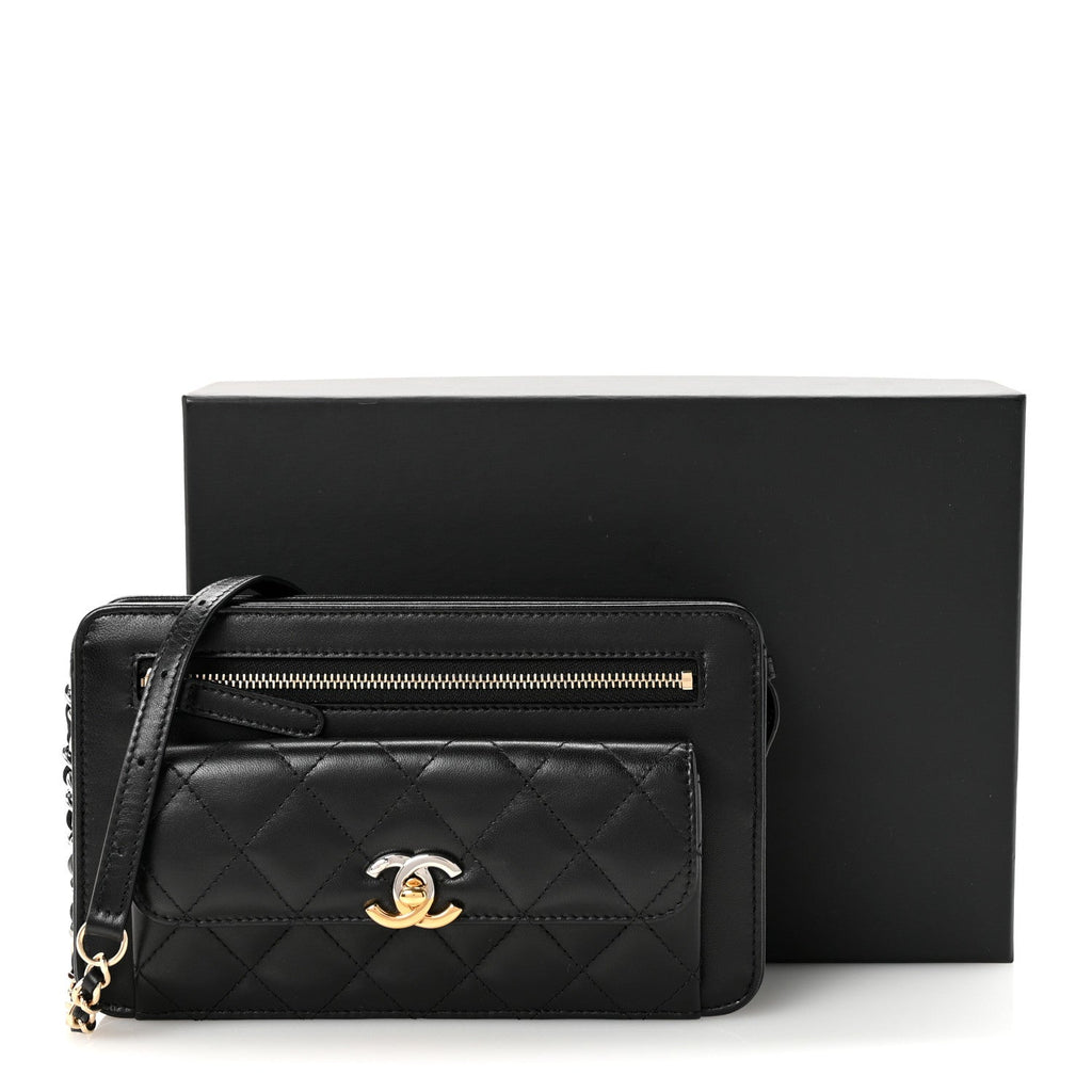Lambskin Quilted Front Pocket Clutch With Chain Black
