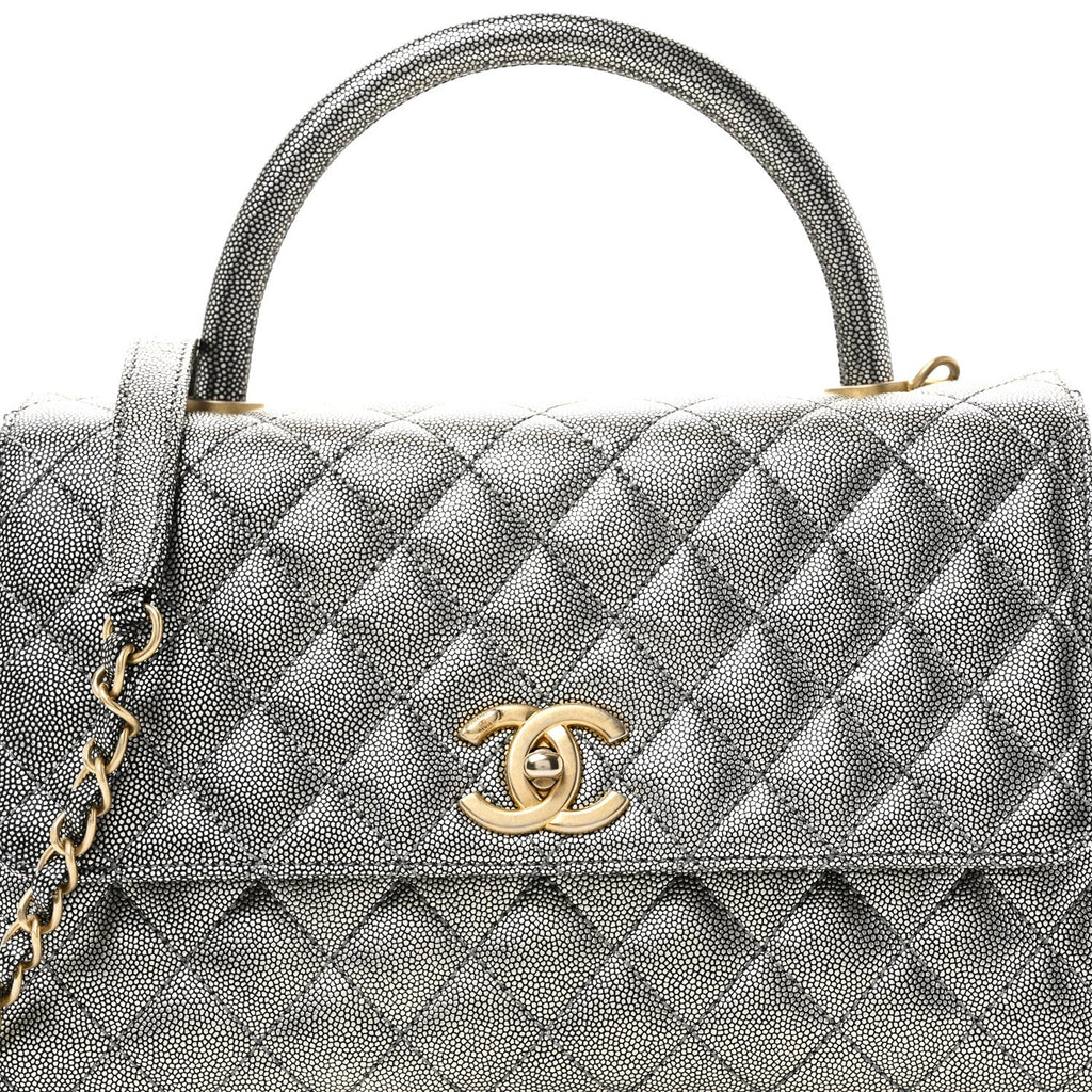 Metallic Caviar Quilted Small Coco Handle Flap Silver