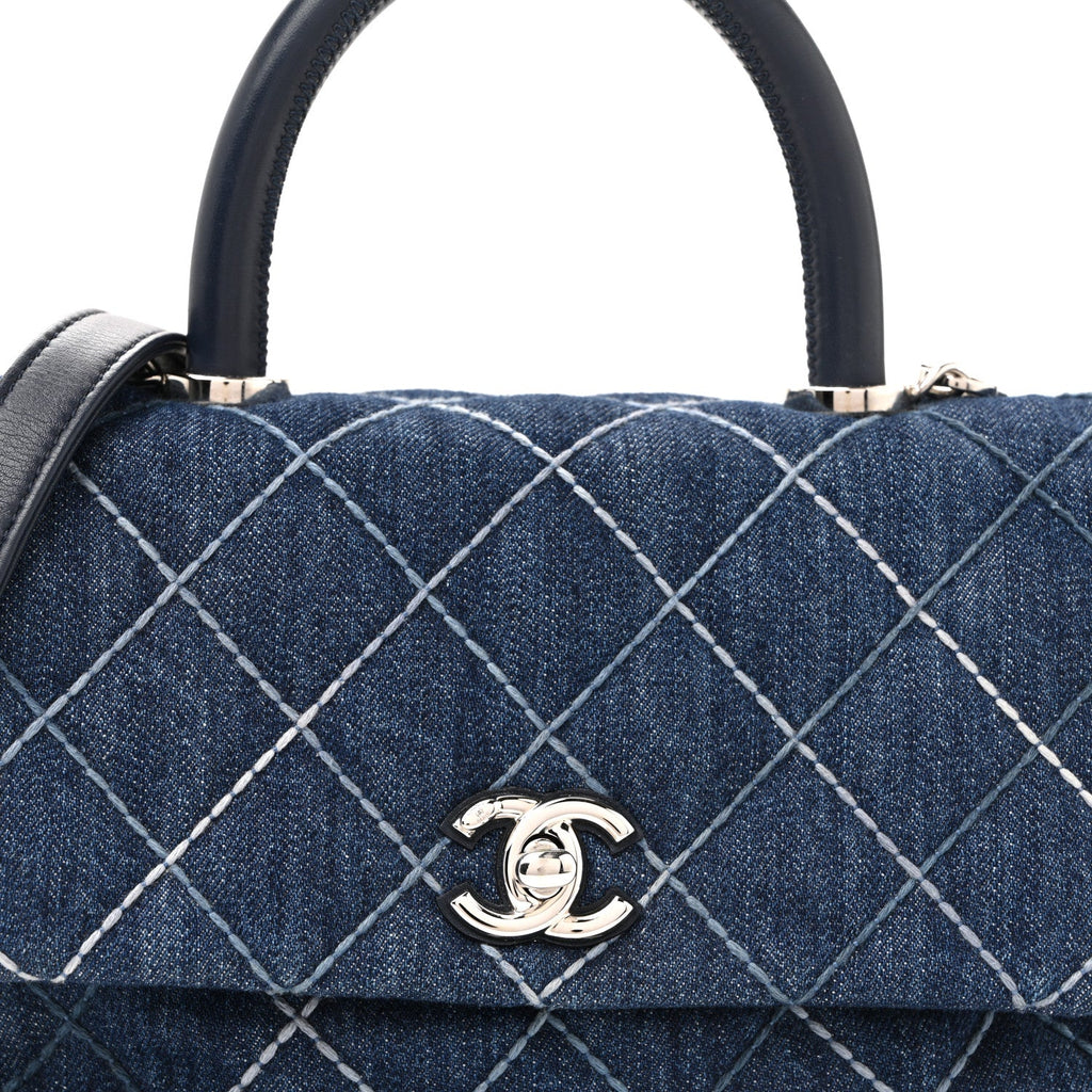 Denim Quilted Mini Coco Handle Flap Blue