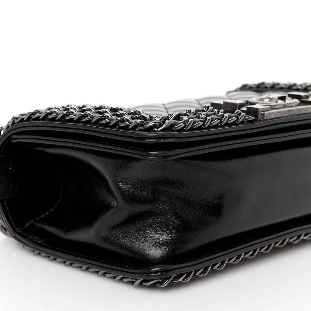 Glazed Calfskin Quilted Small Boy Chained Flap Black