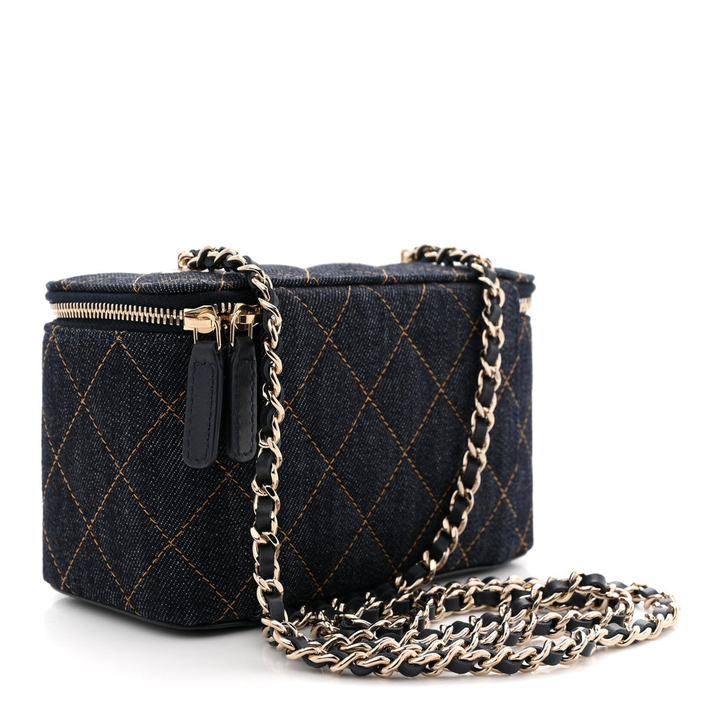 Denim Quilted Vanity Case With Chain Dark Blue