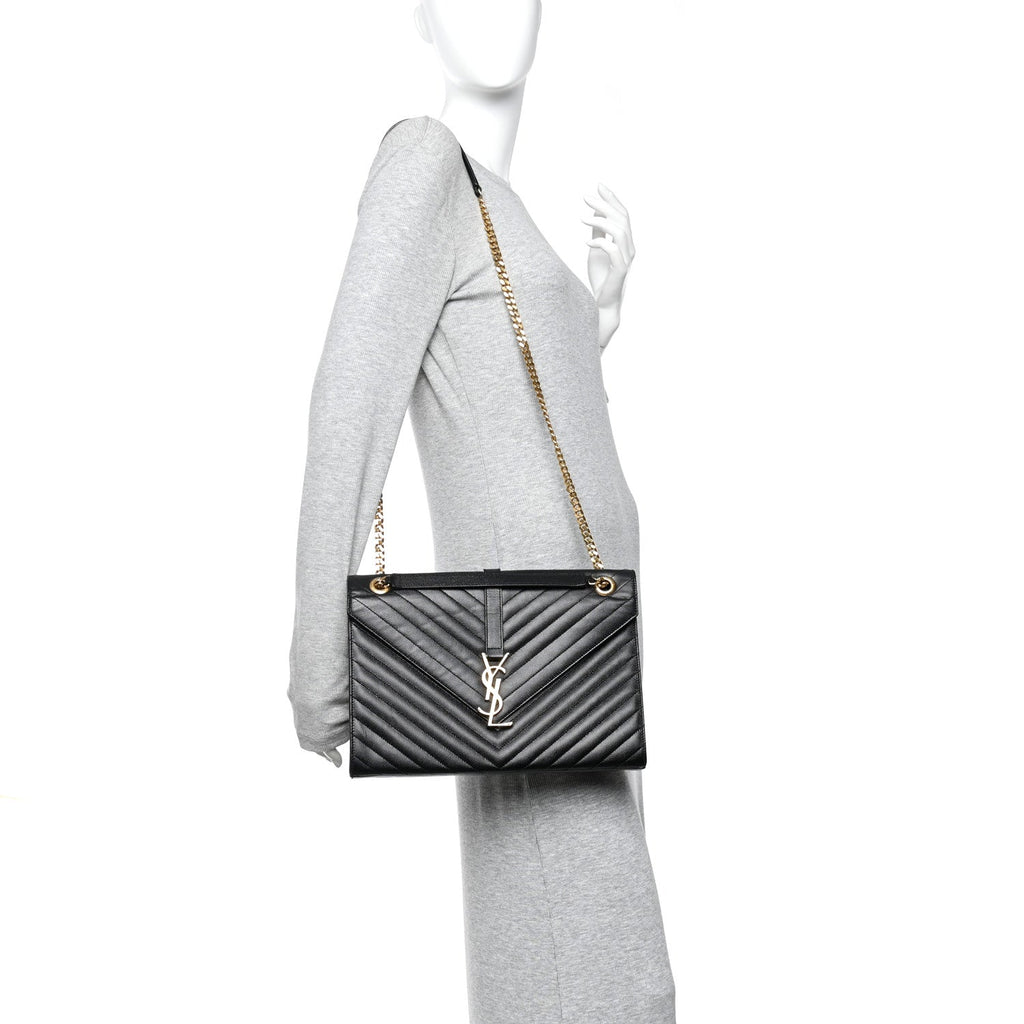 Grain De Poudre Matelasse Chevron Large Monogram Satchel Black