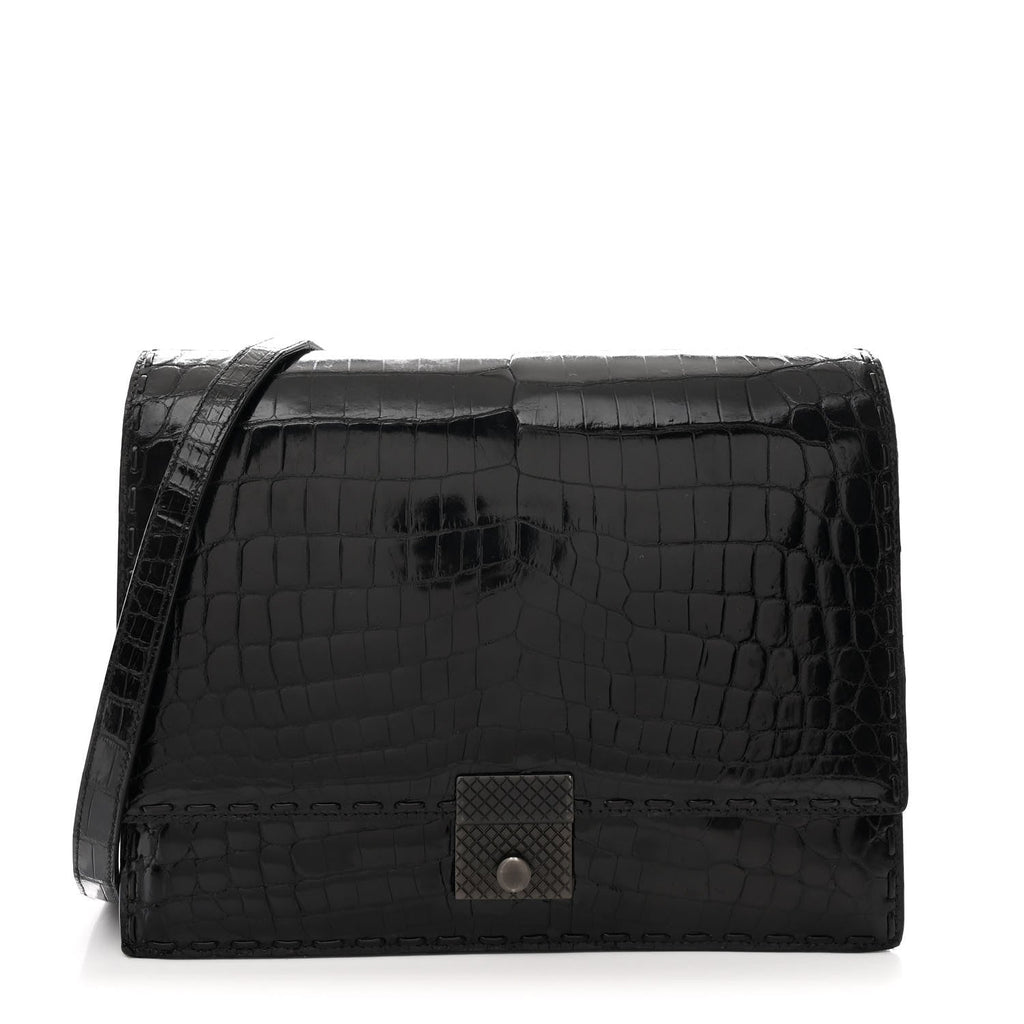 Crocodile Accordion Flap Shoulder Bag Black