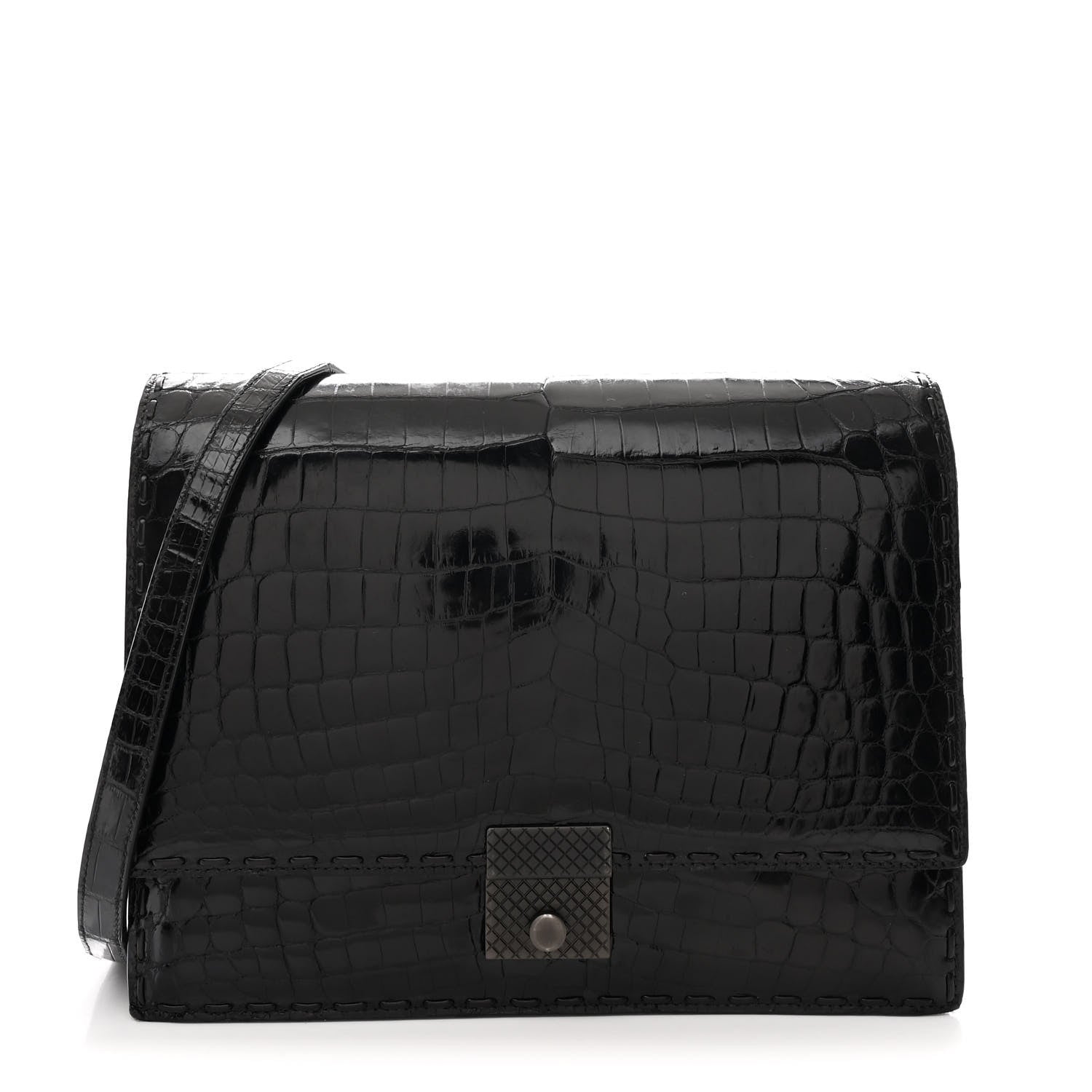 Crocodile Accordion Flap Shoulder Bag Black