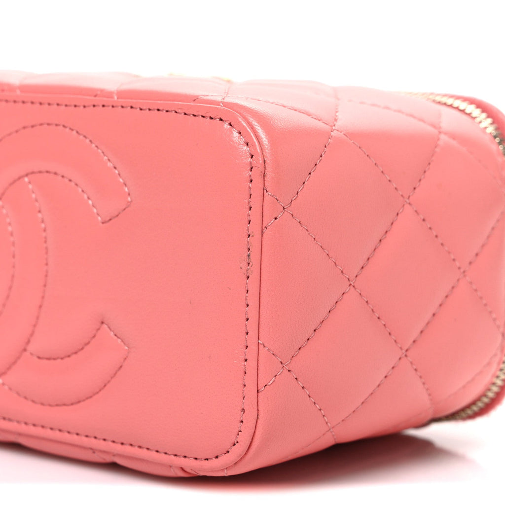 Lambskin Quilted Small Charming Top Handle Vanity Case With Chain Pink