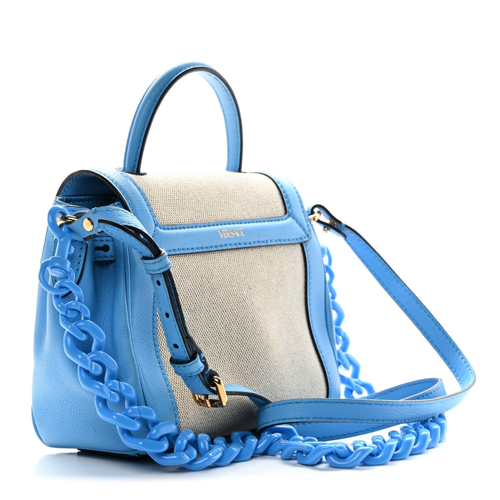 Grained Calfskin Canvas Small La Medusa Chain Top Handle Handbag Rope Blue