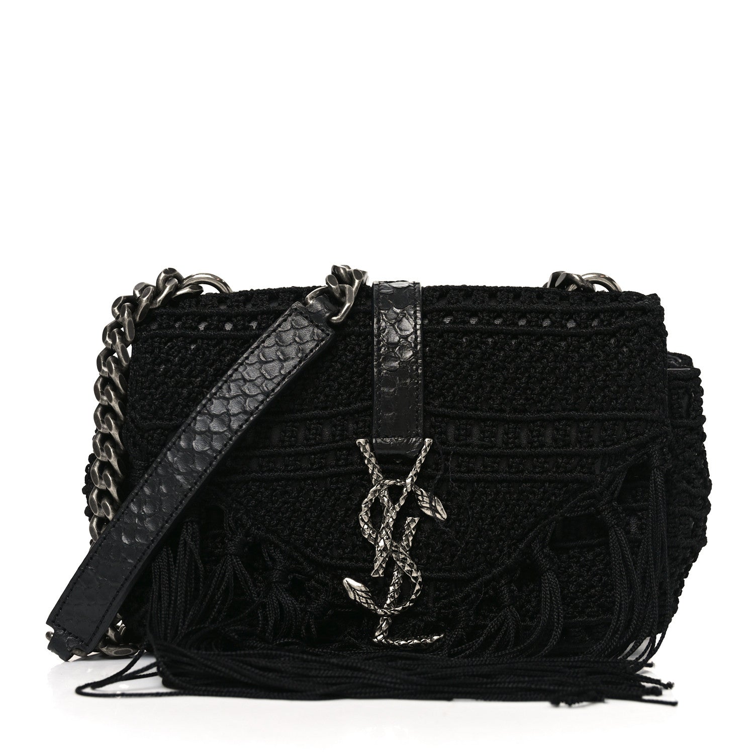 Calfskin Crochet Baby Monogram Chain Satchel Black