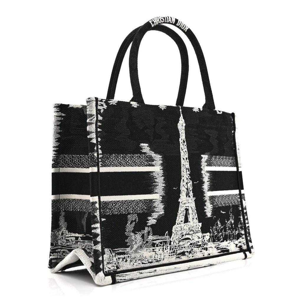 Canvas Embroidered Medium Paris Book Tote Black White
