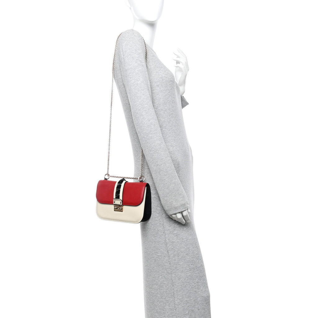 Vitello Small Glam Lock Rockstud Flap Red Ivory Black