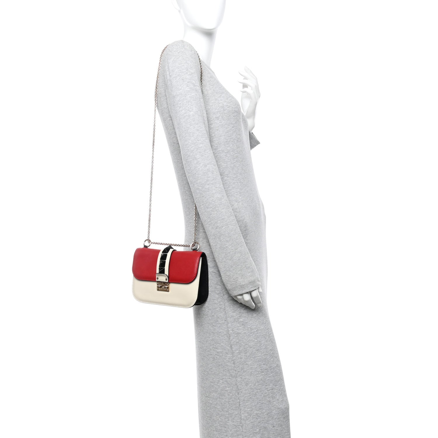 Vitello Small Glam Lock Rockstud Flap Red Ivory Black