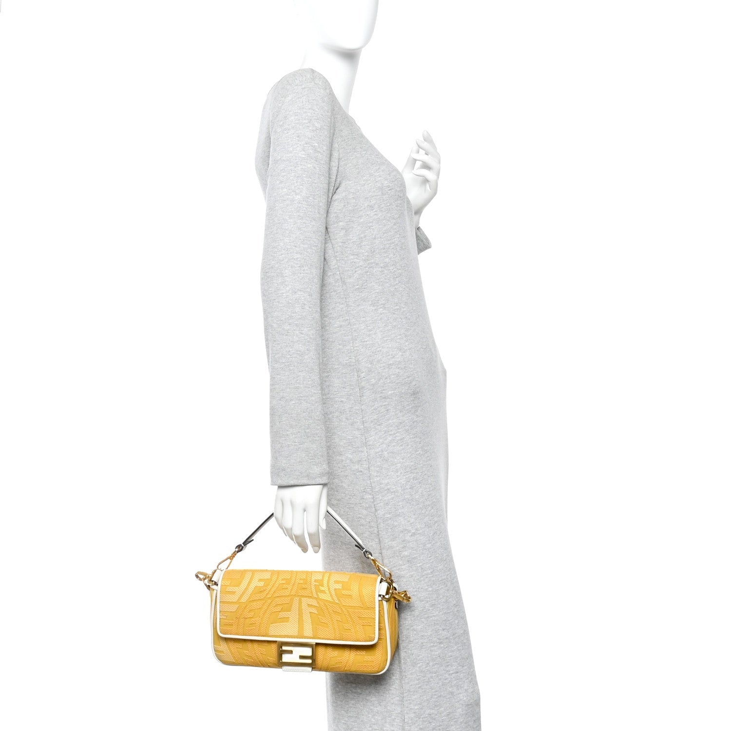 X SARA COLEMAN Canvas Vitello King Seta FF Fish Eye Embroidered Baguette Mostarda White Ice