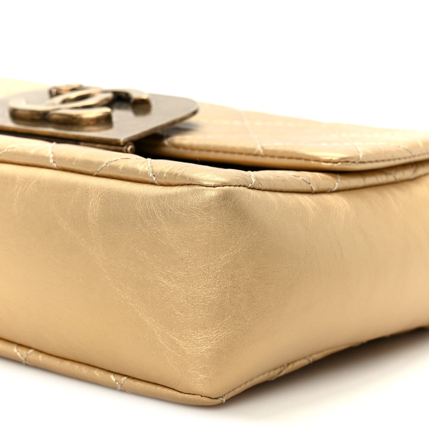 Metallic Aged Calfskin Quilted CC Square Flap Light Gold