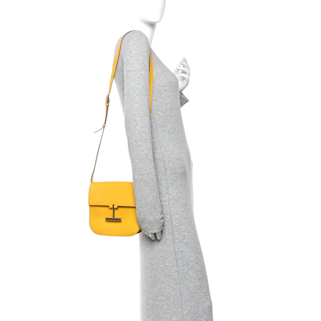 Grained Calfskin Mini T Clasp Tara Crossbody Bag Yellow