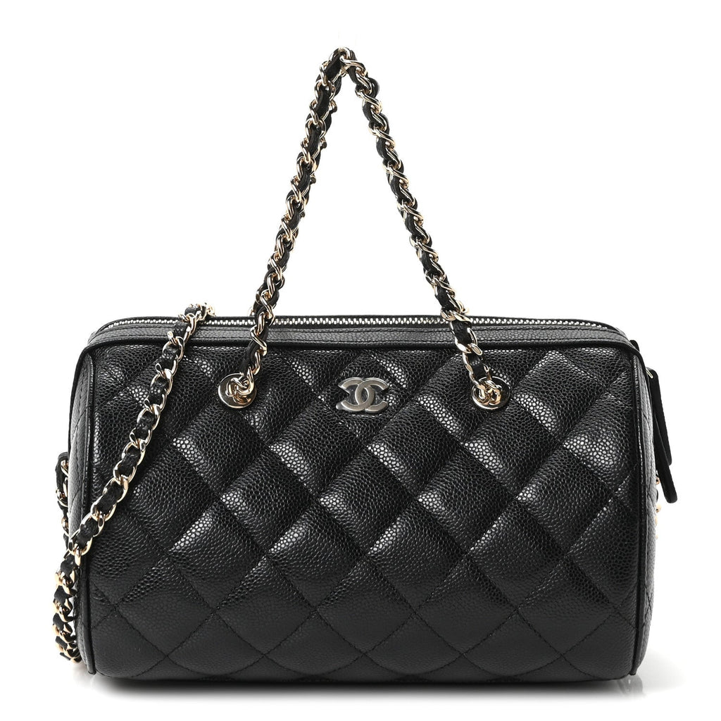 Caviar Quilted Barrel Clutch With Chain Black