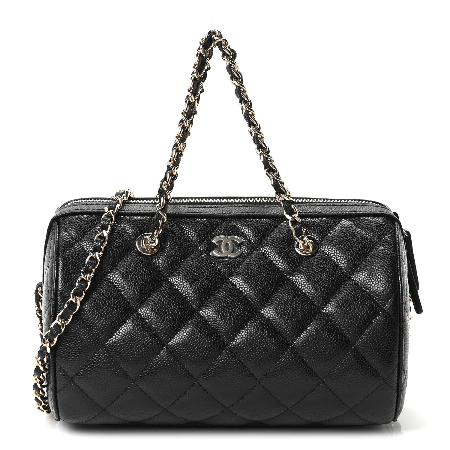 Caviar Quilted Barrel Clutch With Chain Black