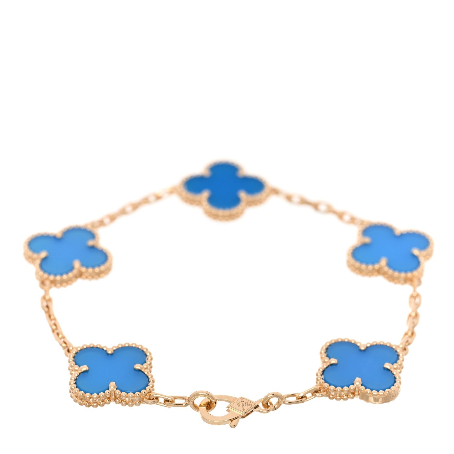 18K Yellow Gold Blue Agate 5 Motifs Vintage Alhambra Bracelet