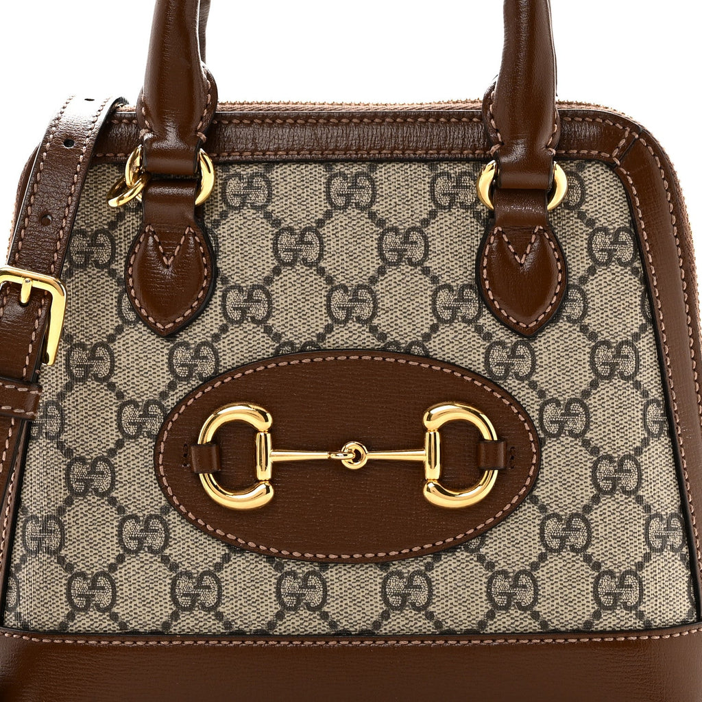GG Supreme Monogram Azalea Calfskin Mini Horsebit 1955 Top Handle Bag Beige Ebony Brown Sugar