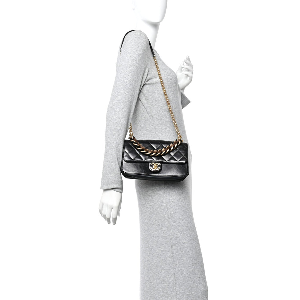 Iridescent Calfskin Quilted Small Straight Lined Flap Black
