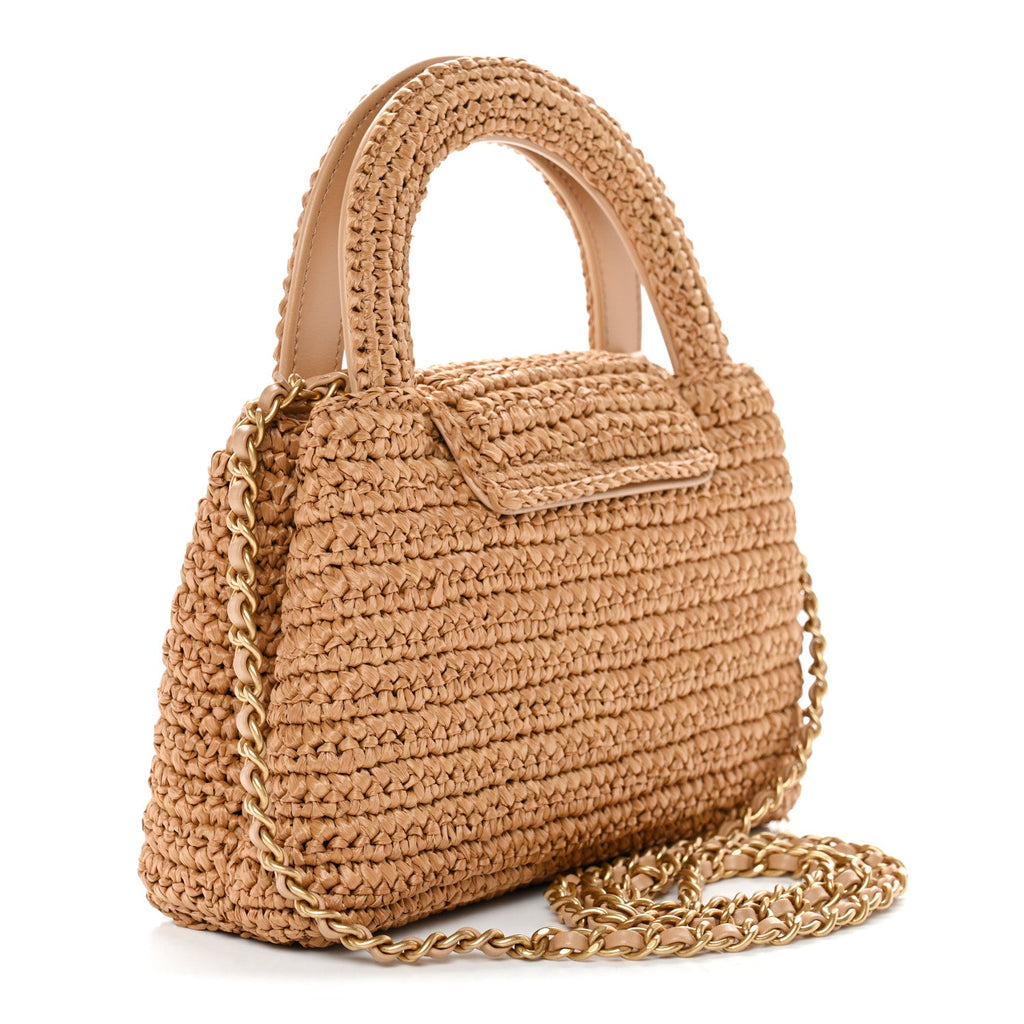 Braided Raffia Nano Kelly Flap Bag Dark Beige